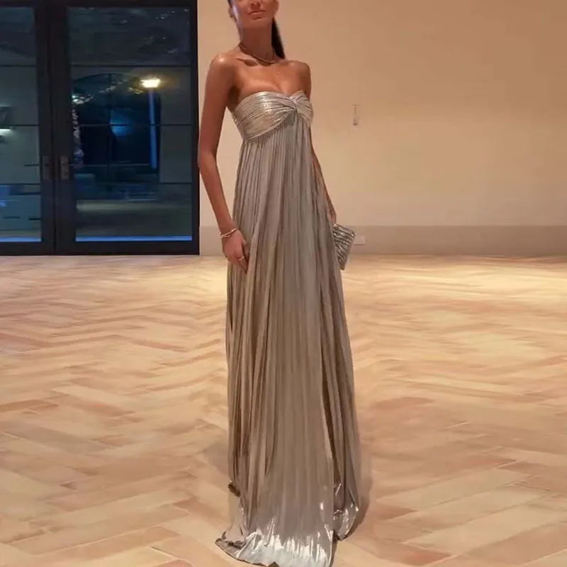Sexy Strapless Kink Elegant Party Dresses Woman Chic Solid High Waist Pleated Maxi Dress Summer Backless Hollow Split Long Dress