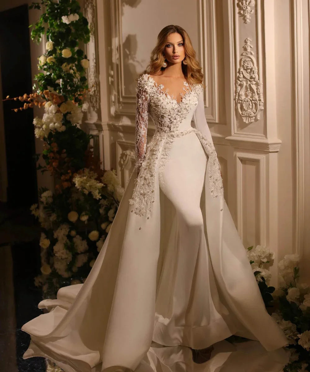 Flavinke Customized V Neck Mermaid Wedding Dresses Long sleeve Pearls Embroidery Detachable Overskirts Vestido De Novia 2025
