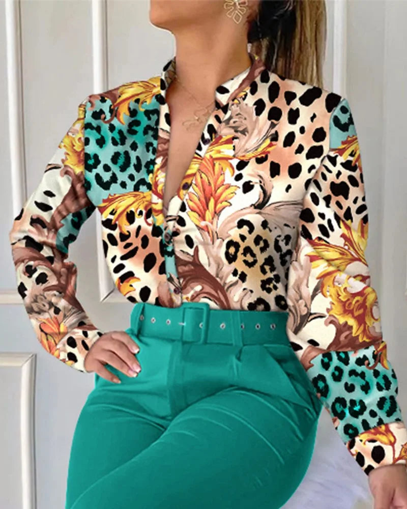 Spring New Printed Long Sleeved Shirt Suit Women's Slim Retro Stand Collar Pocket Small Foot Trousers Two Piece Set With Belt