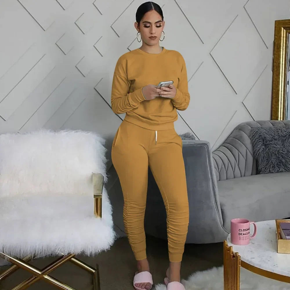 New round Neck Long Sleeve Slim Fit Warm Top Elastic Waistband Lace-up Trousers Simple Solid Color Sports Two-Piece Set