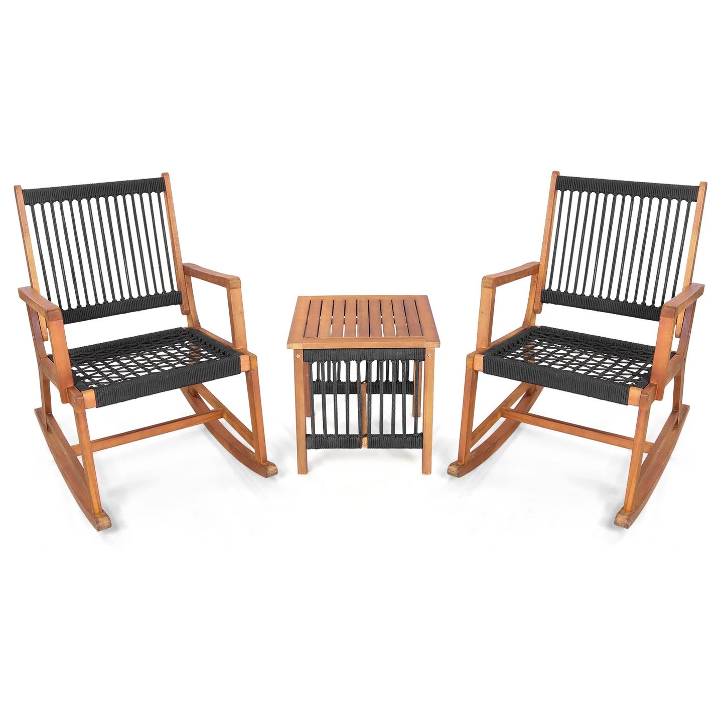 3pcs Patio Acacia Wood Bistro Table Rocking Chair Set All-Weather Rope Outdoor