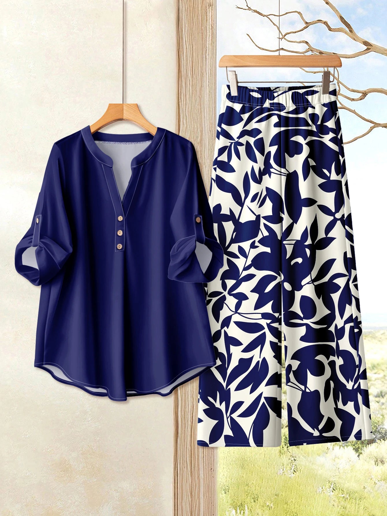 V Neck Button Elegant Loose Office Party 2 Pieces Set For Woman