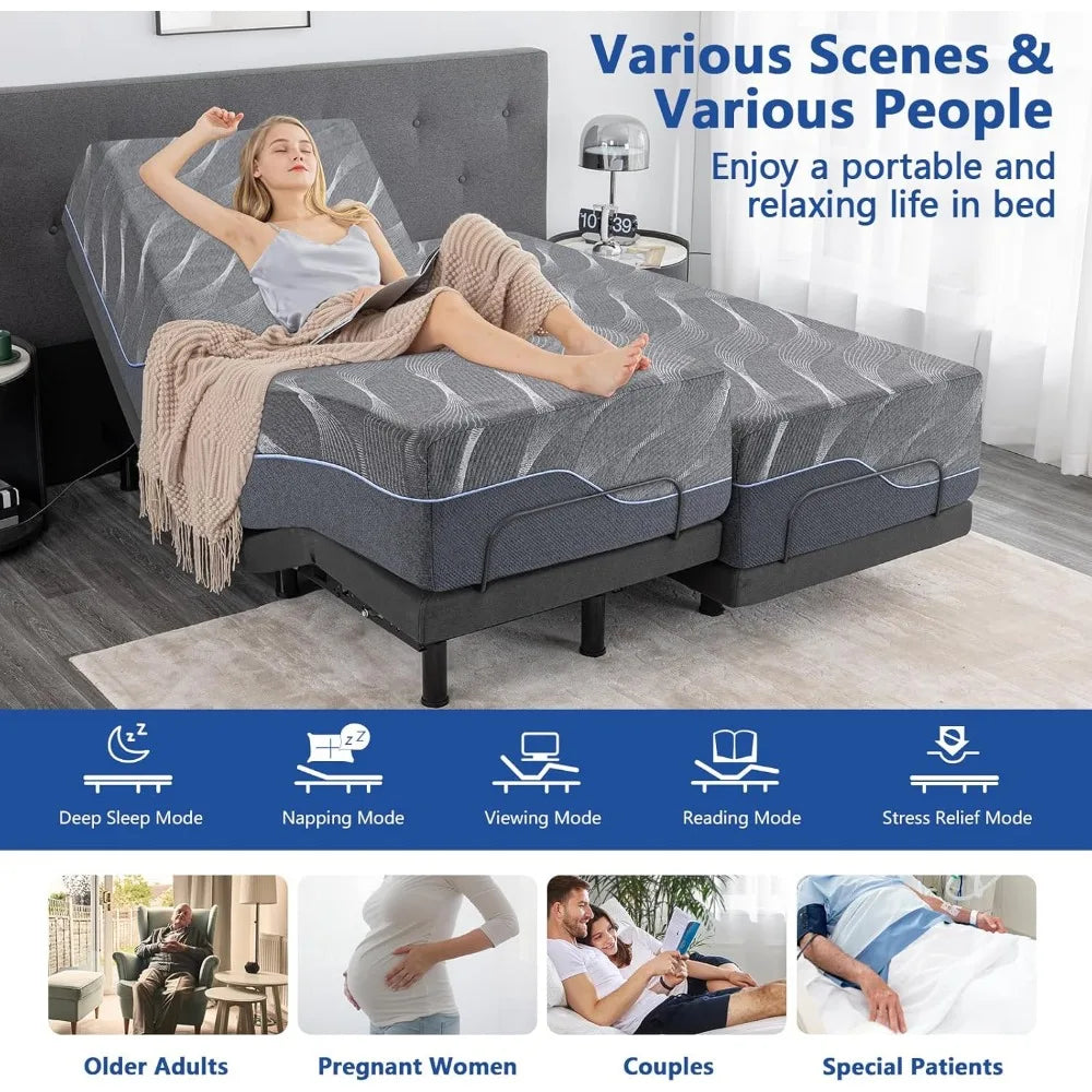 Twin XL Adjustable Bed Base with Mattress, 14 Inch Grey Gel Memory Foam Medium-Firm Mattress in Box, Adjustable Bed Frame with T
