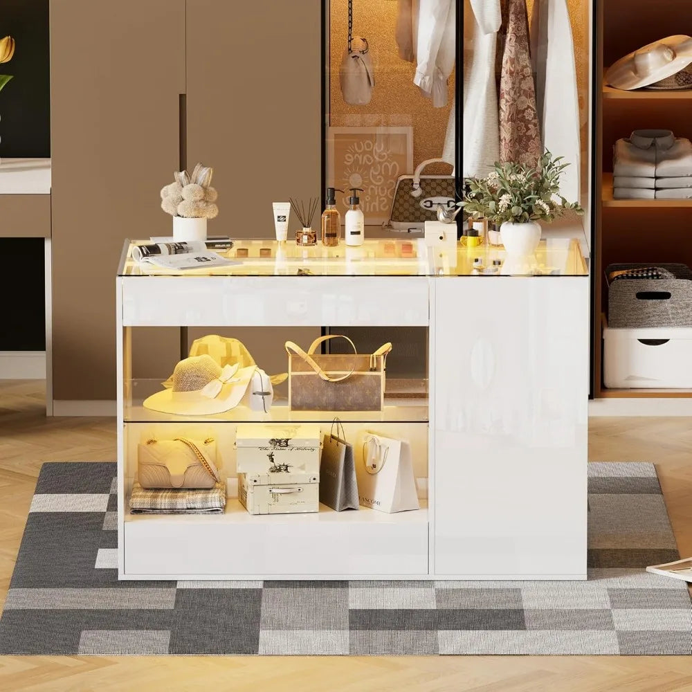 Closet Island with Drawers, Glossy Wardrobe Armoire Bedroom Island, Makeup Vanity Storage Island with Glass Tabletop&LED Light,
