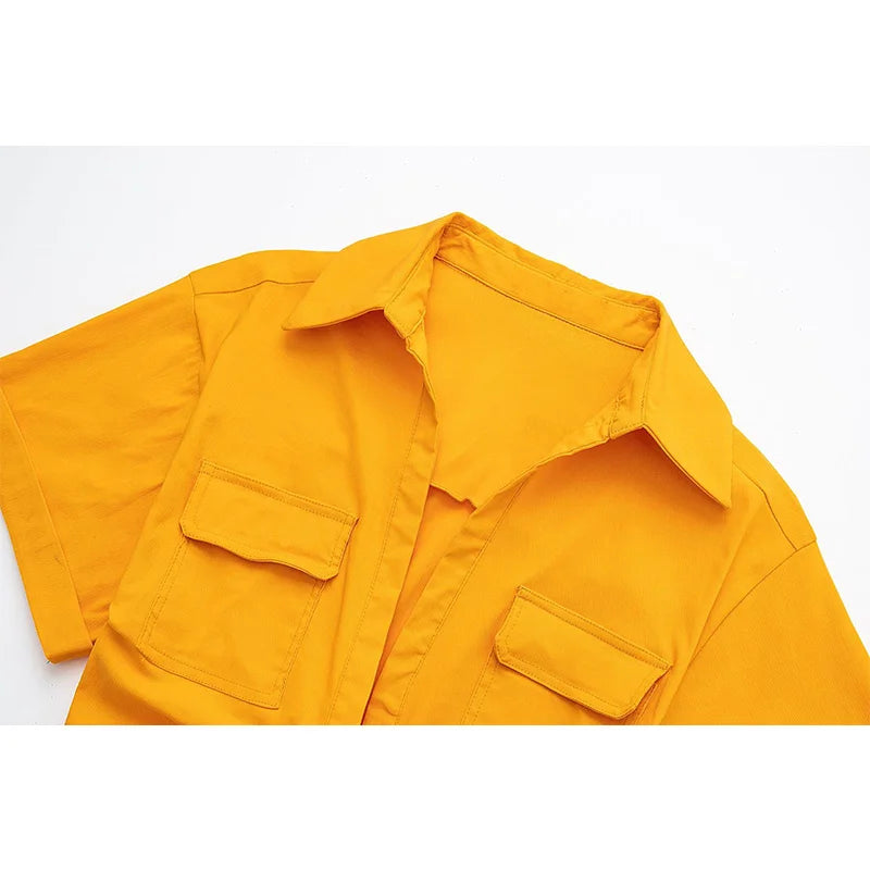 Women Safari Style Pockets Patch Knotted Linen Short Smock Blouse Lady Chic Kimono Cropped Shirt Blusas Tops