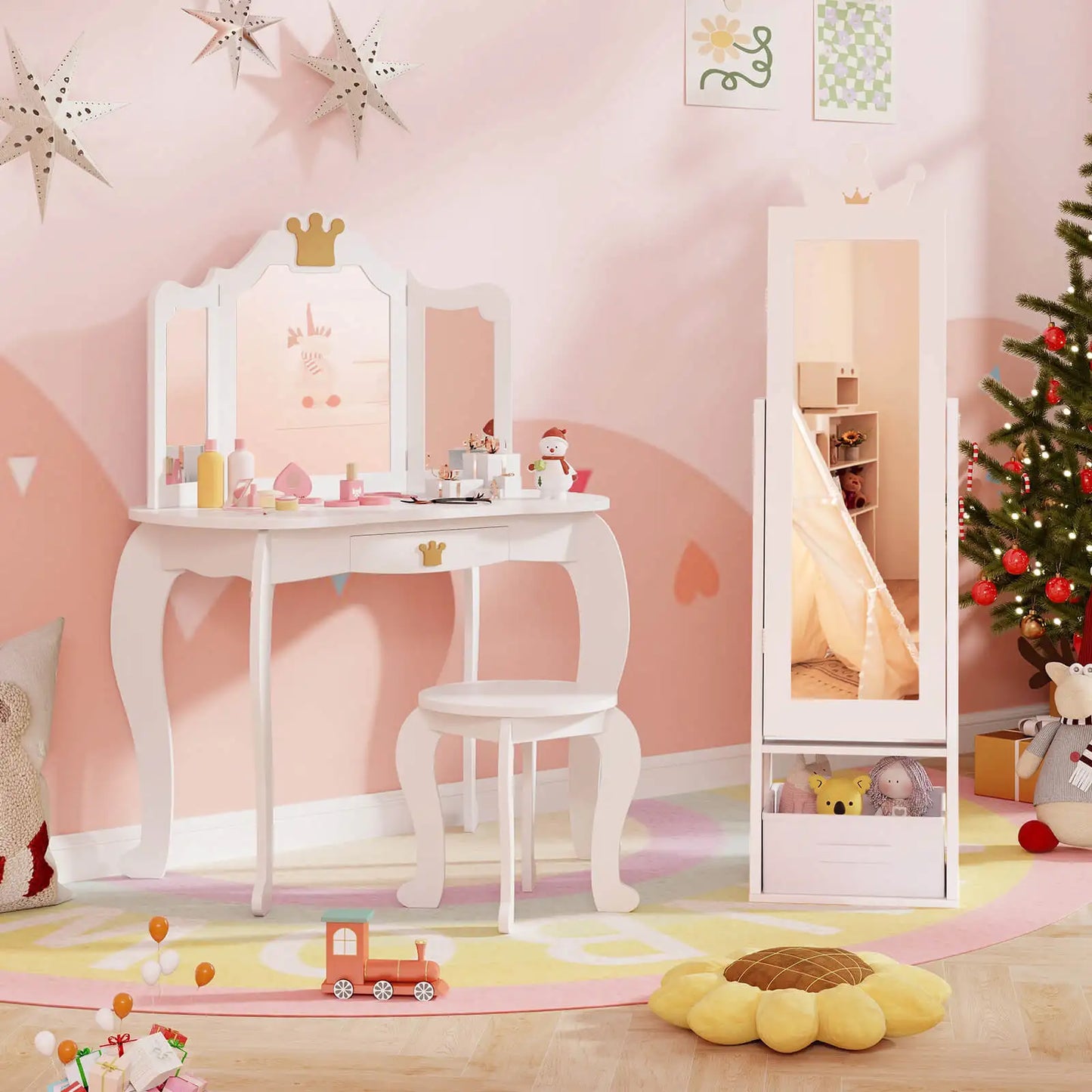 Kids Jewelry Cabinet w/ Full-Length Mirror Foldable Drawer Anti-toppling System