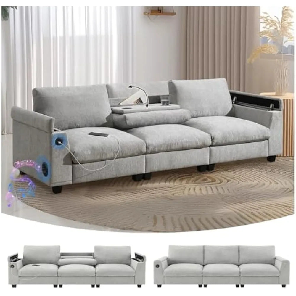 96'' Sectional Sofa with Bluetooth Speaker, with Drop-Down Table, USB Charger, Storage Armrest, Comfortable Cloud Couch
