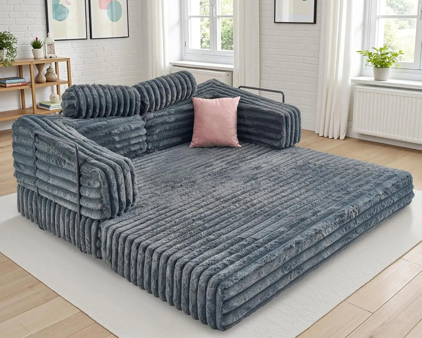 VanAcc Foldable Sofa Bed, Convertible Floor Sofa with Plush Faux Fur, No Assembly Mattress Couch for Living Room