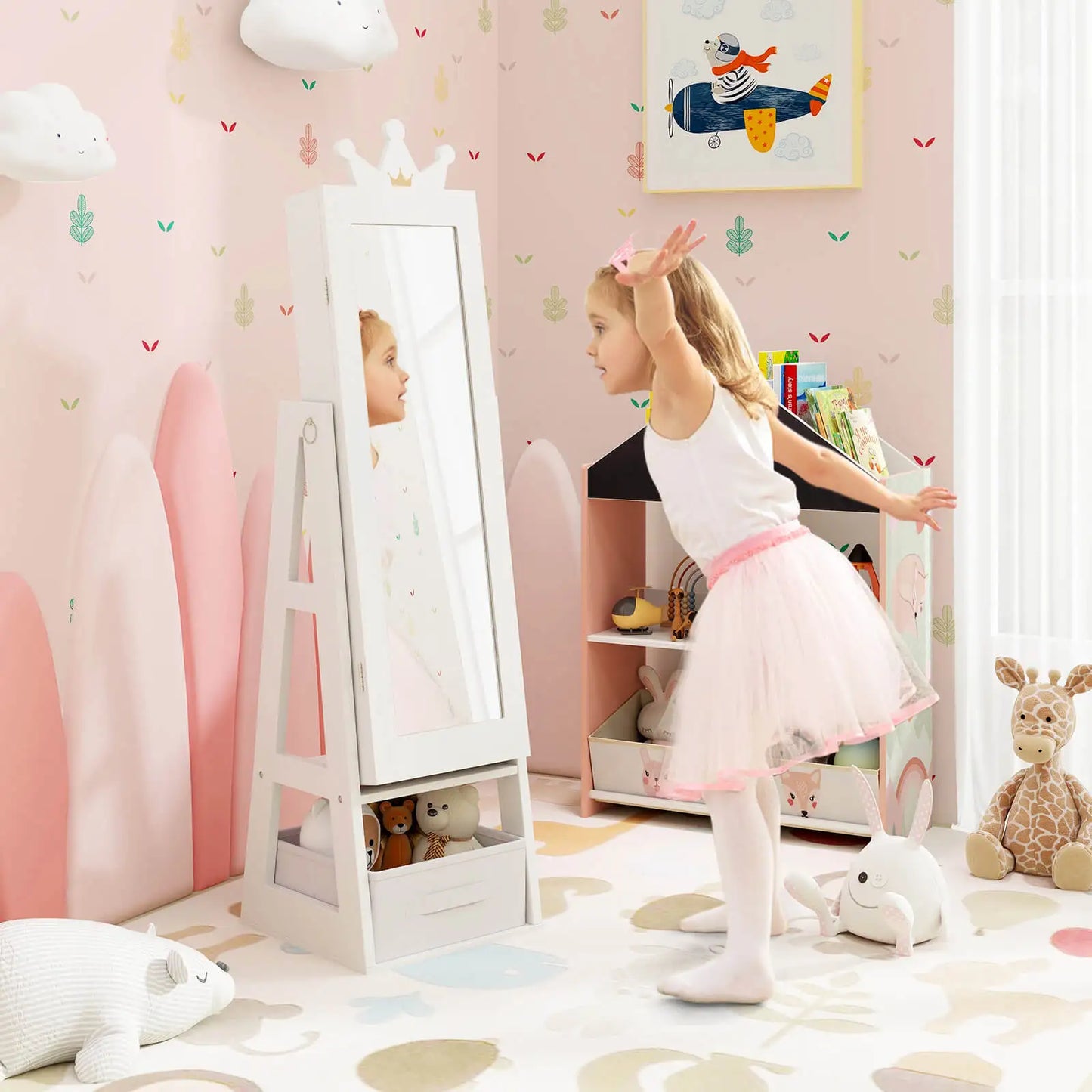 Kids Jewelry Cabinet w/ Full-Length Mirror Foldable Drawer Anti-toppling System