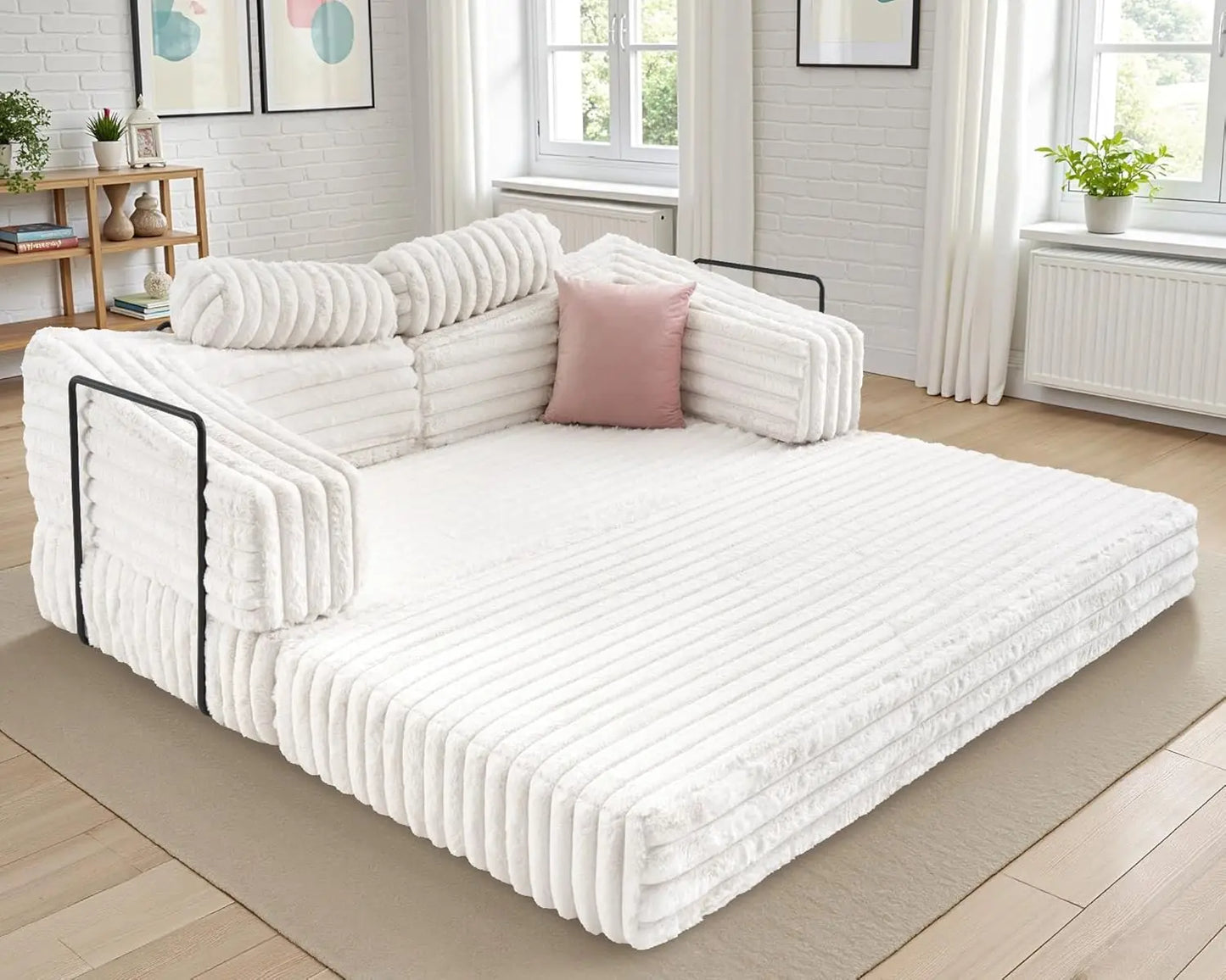 VanAcc Foldable Sofa Bed, Convertible Floor Sofa with Plush Faux Fur, No Assembly Mattress Couch for Living Room