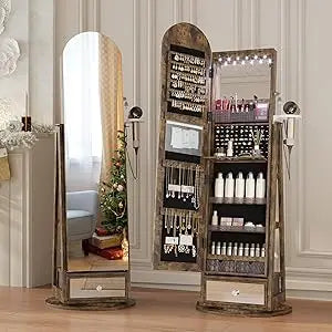 LED Mirror Jewelry Cabinet Standing, Lockable Jewelry Armoire with Arched Full-Length Mirror and Adjustable LED Lights, Space-S