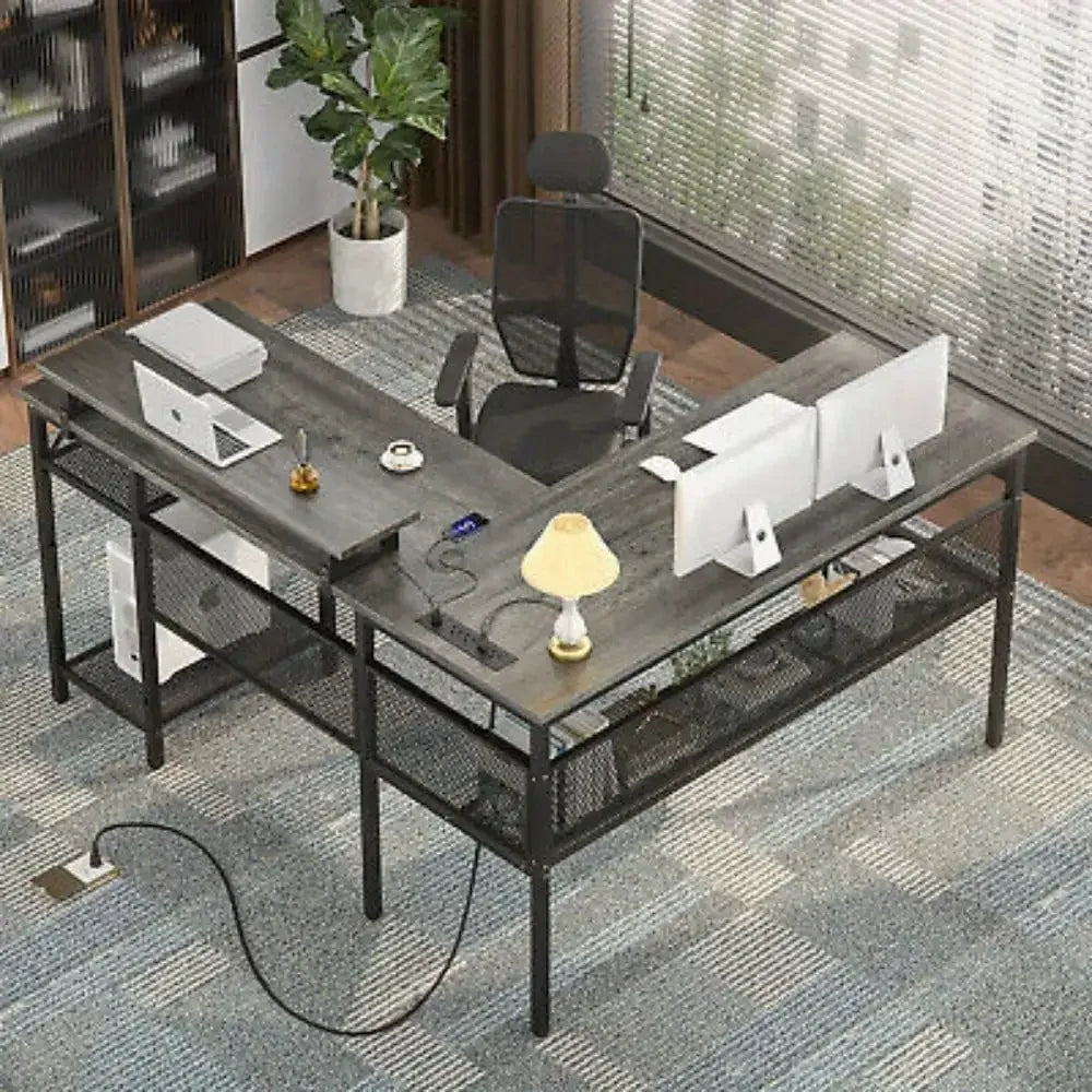 L-shaped computer desk with lighting in more than 60, 000 colors, unique grid back plate and grid bookshelves