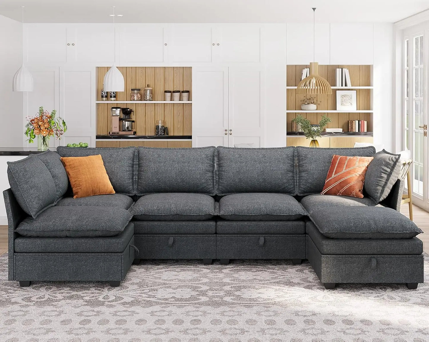 115'' Large Couches with Storage Seats for Living Room, U Shaped Sectional Sofa Couch Set, 6 Pieces Comfy Convertible Sofa Couch