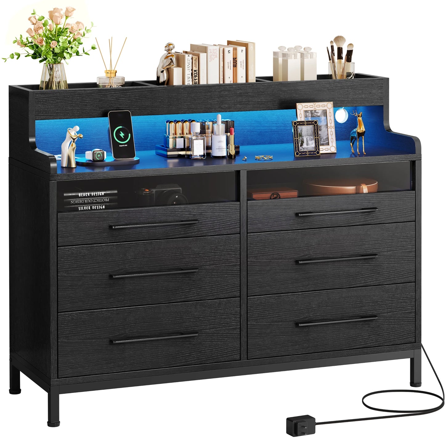 LED Dresser with 6-Drawer Bedroom Chest of Drawers File Cabinet w/Open Shelves