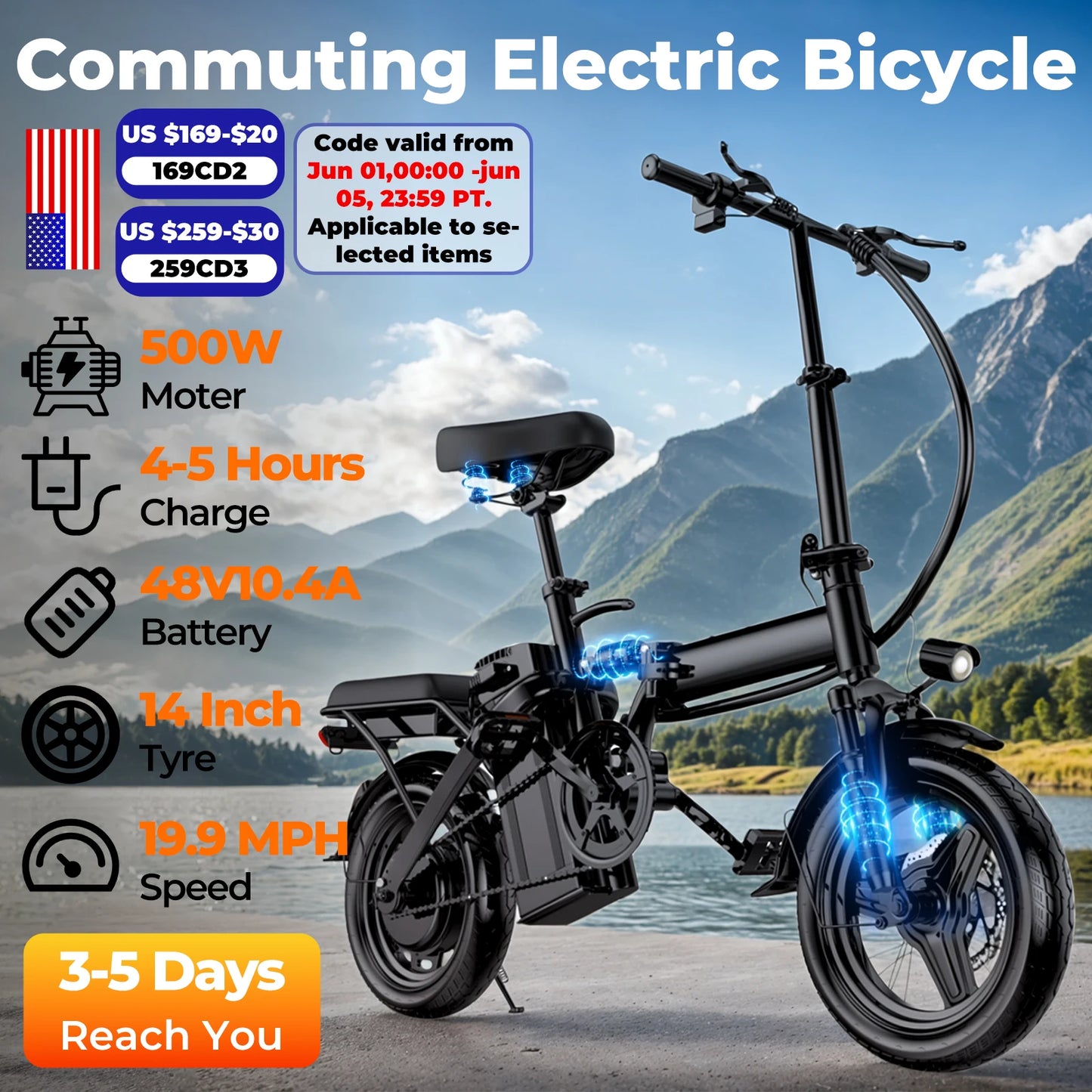 LELEKUAI 500W Adult Electric Bike, 20 MPH, 48V 12Ah Removable Battery, 14 Inch Folding Electric Bike, Multi-Shock Absorption