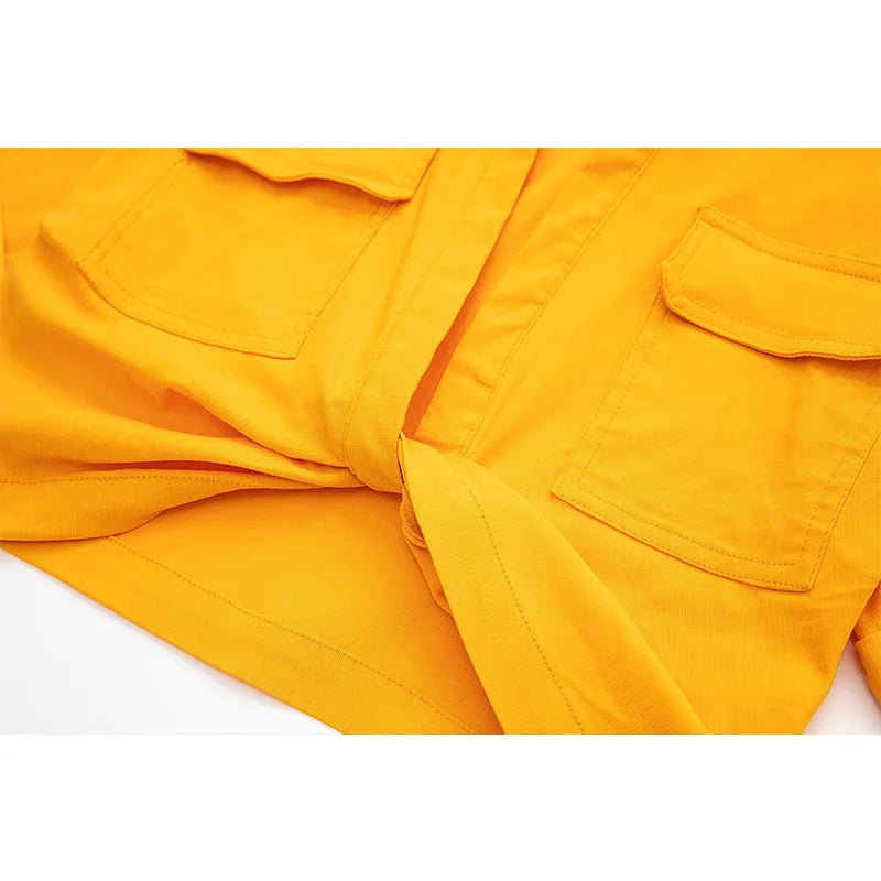 Women Safari Style Pockets Patch Knotted Linen Short Smock Blouse Lady Chic Kimono Cropped Shirt Blusas Tops