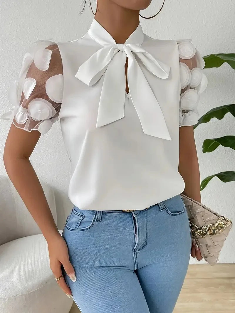 Summer Short Sleeve Blouses For Women 2025 Fashion Loose Bow O-neck White Tops Casual Ladies Shirts Elegant