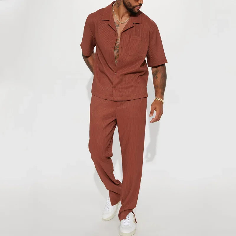 Fashion Mens Solid Color 2 Piece Suits Streetwear Trendy Loose Short Sleeve Lapel Shirt and Pants Outfits Men Summer Casual Sets