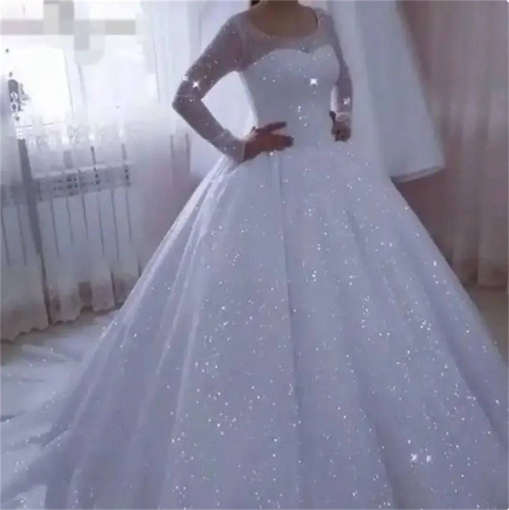 2025 O-neck Glaring Vestido Sparkle Wedding Dresses Ball Gown Long Sleeve Plus Size Princess Bridal Gowns For Women Customized