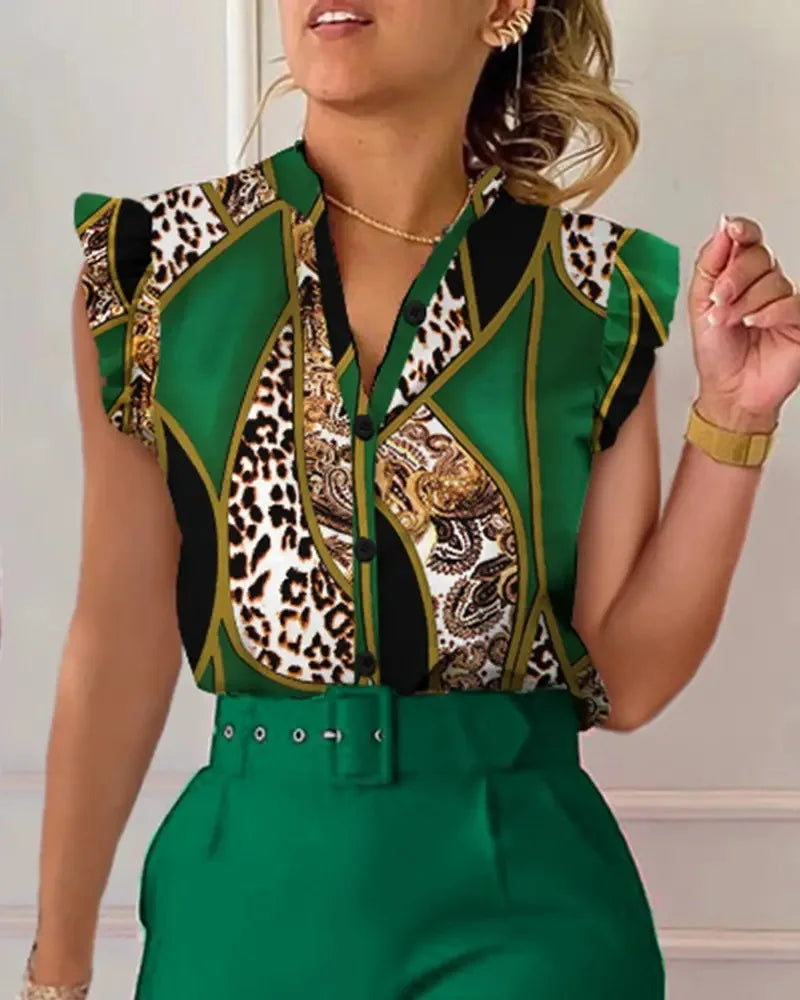 Elegant Womens Slim Two-Piece Sets Summer Fashion Print V Neck Button Flying Sleeve Shirt Top & Solid Long Pants Suits With Belt