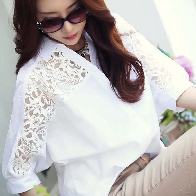 Sexy Lace Patchwork White Chiffon Button Up Shirt for Women Summer Casual Simple Loose Half Sleeve Ladies Tops Blouses Clothing