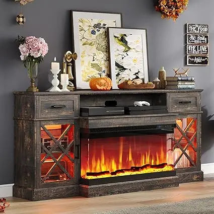 Farmhouse LED Fireplace TV Stand with 3-Sided Glass Fireplace, 70" Large Entertainment Center for TVs up to 80", Rustic TV Cons