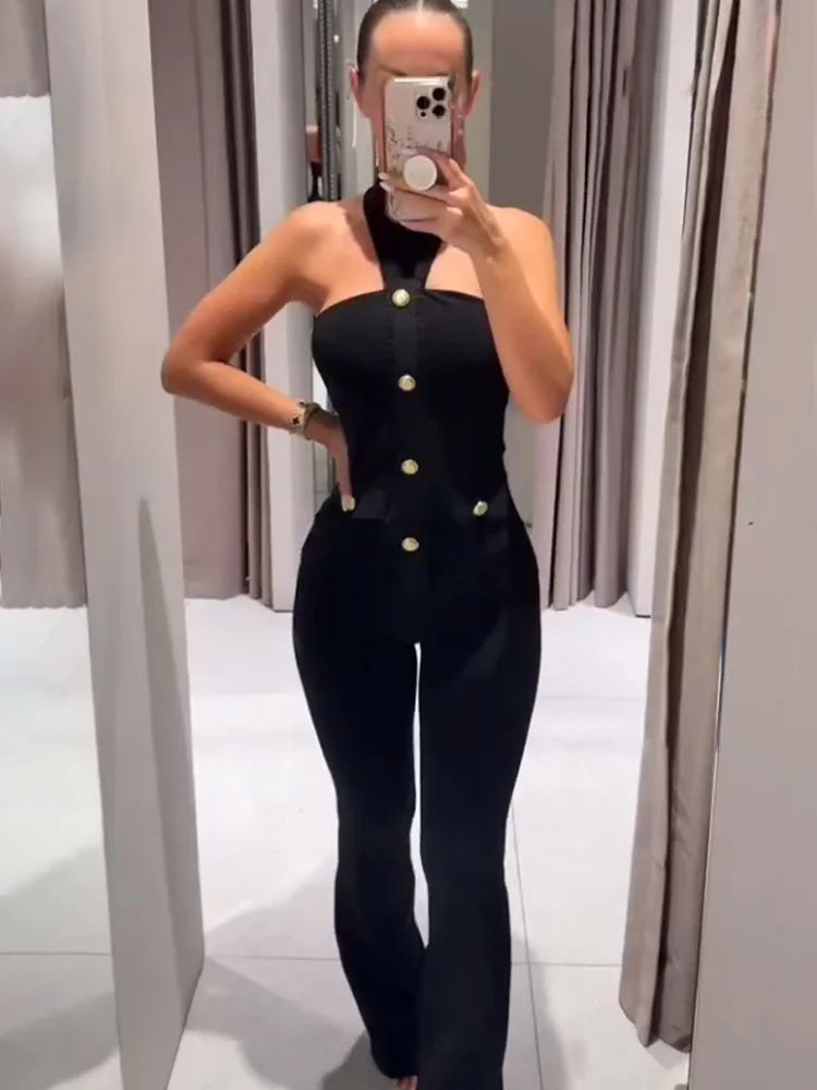 HH Women Suit Black Elasticity Neck Halter Button Design Sleeveless Backless Sexy Top+Elastic Waist Casual Slim Long Pant
