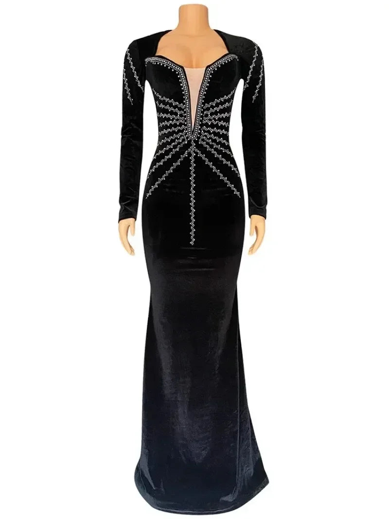 2025 Elegant Diamonds Velvet Long Party Dress for Women Sexy Deep V Evening Gown Formal Black Slim Dress Robe