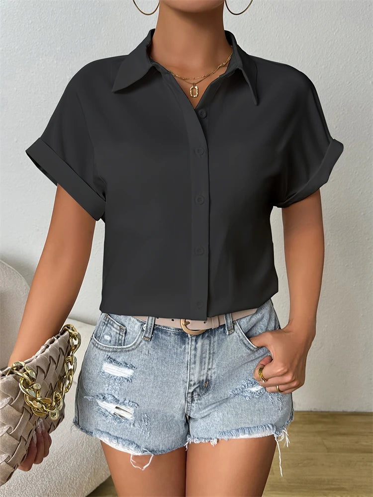 Temperament Leisure Women's Short-sleeved Shirt Fashion Loose Womens Shirt Elegant Short-sleeved Blouse Holiday Weekend Clothing