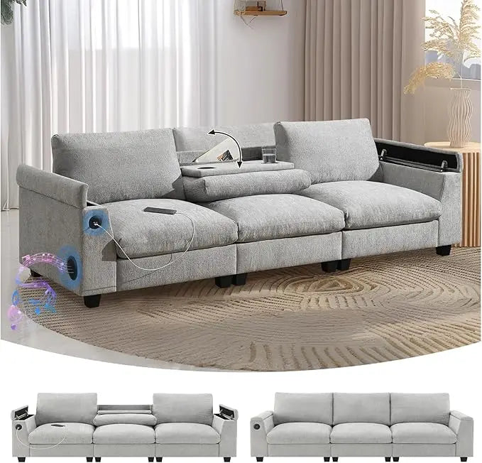 96'' Sectional Sofa with Bluetooth Speaker, with Drop-Down Table, USB Charger, Storage Armrest, Comfortable Cloud Couch