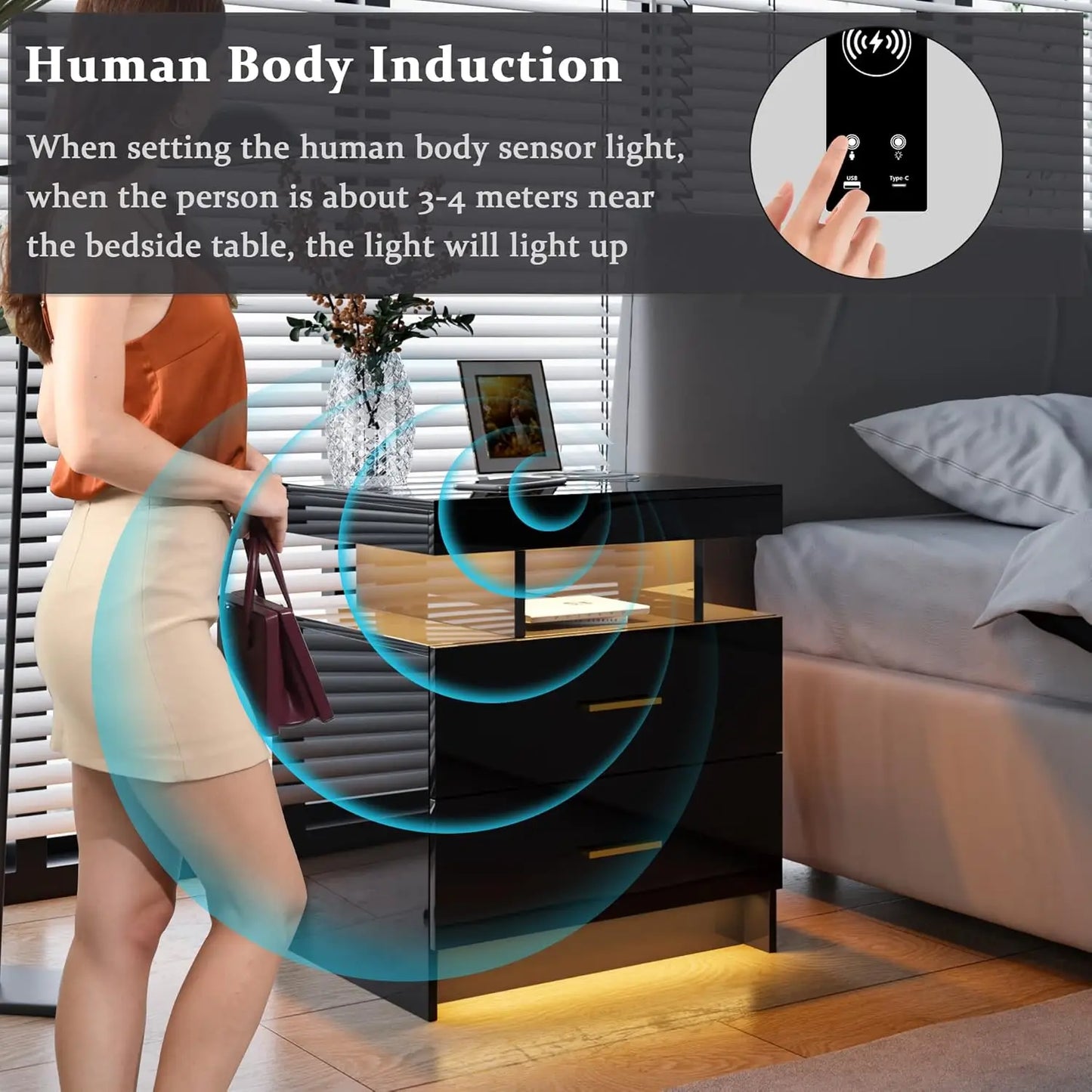 LED Nightstand with Charging Station High Gloss Bedside Table with 2 Drawers, Smart Night Stand with Auto Sensor Lights
