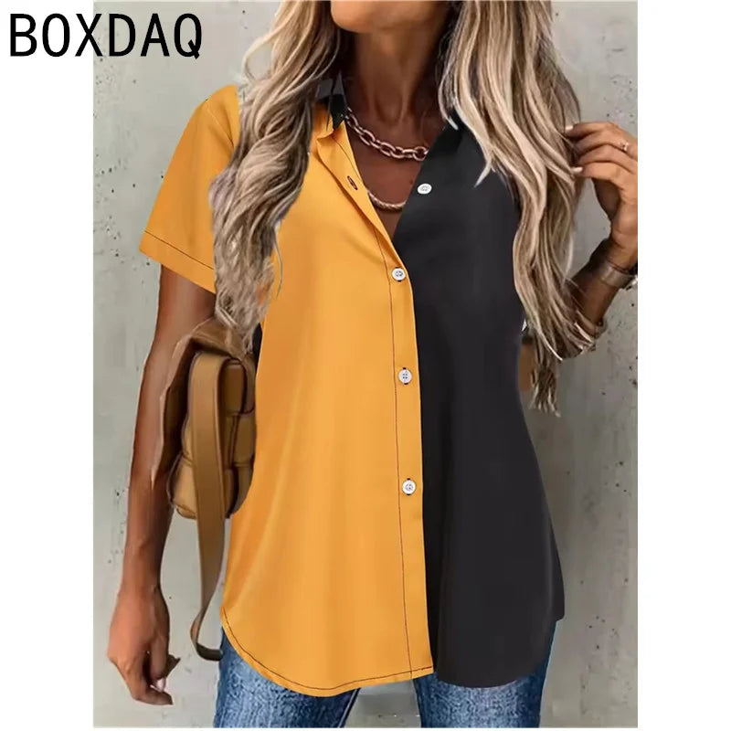 Classic Fashion Two Color Spliced Short-sleeved Shirt Women's Summer New Casual Buckle Slim Shirt Office Ladies's Work Shirt