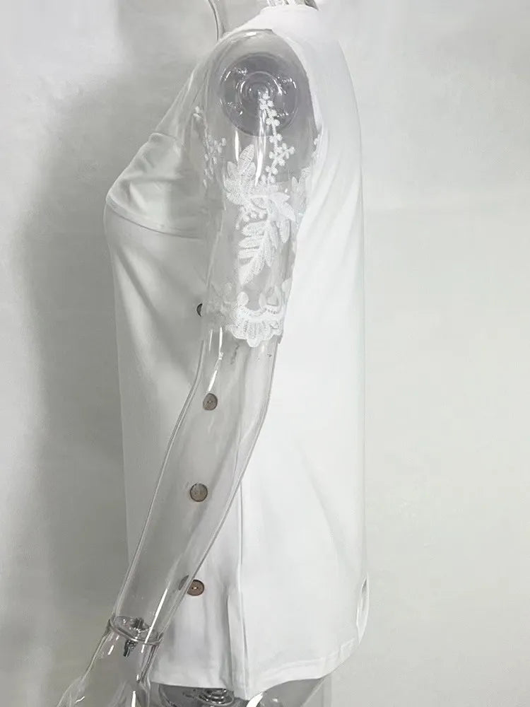 Fashion White Lace Short Sleeve Tops Women T Shirt 2023 Summer Casual Buttons Office T-shirt Tshirt Top Femme