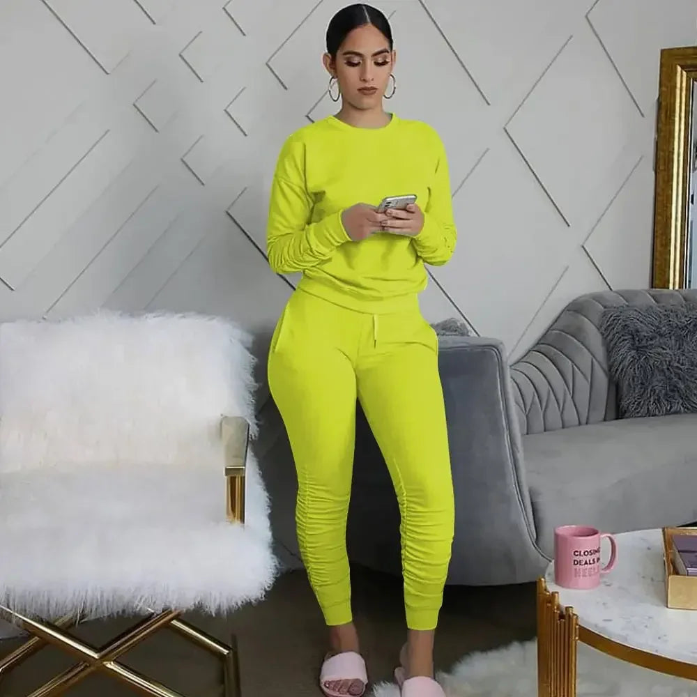 New round Neck Long Sleeve Slim Fit Warm Top Elastic Waistband Lace-up Trousers Simple Solid Color Sports Two-Piece Set