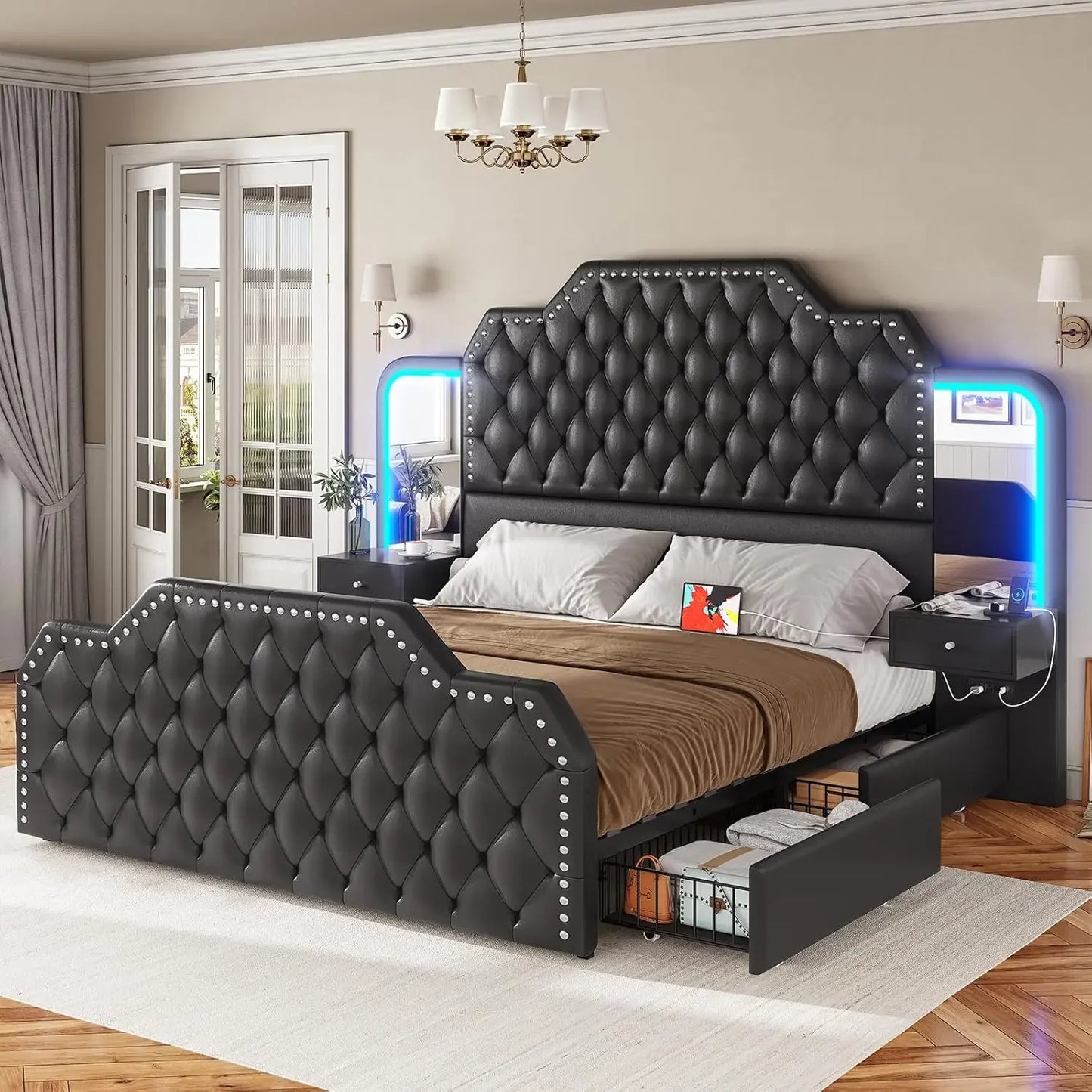 Queen Bed Frame with Headboard and 4 Storage Drawers, Leather Upholstery, Charging Station and LED, 2 Bedside Tables, Bed Frame.