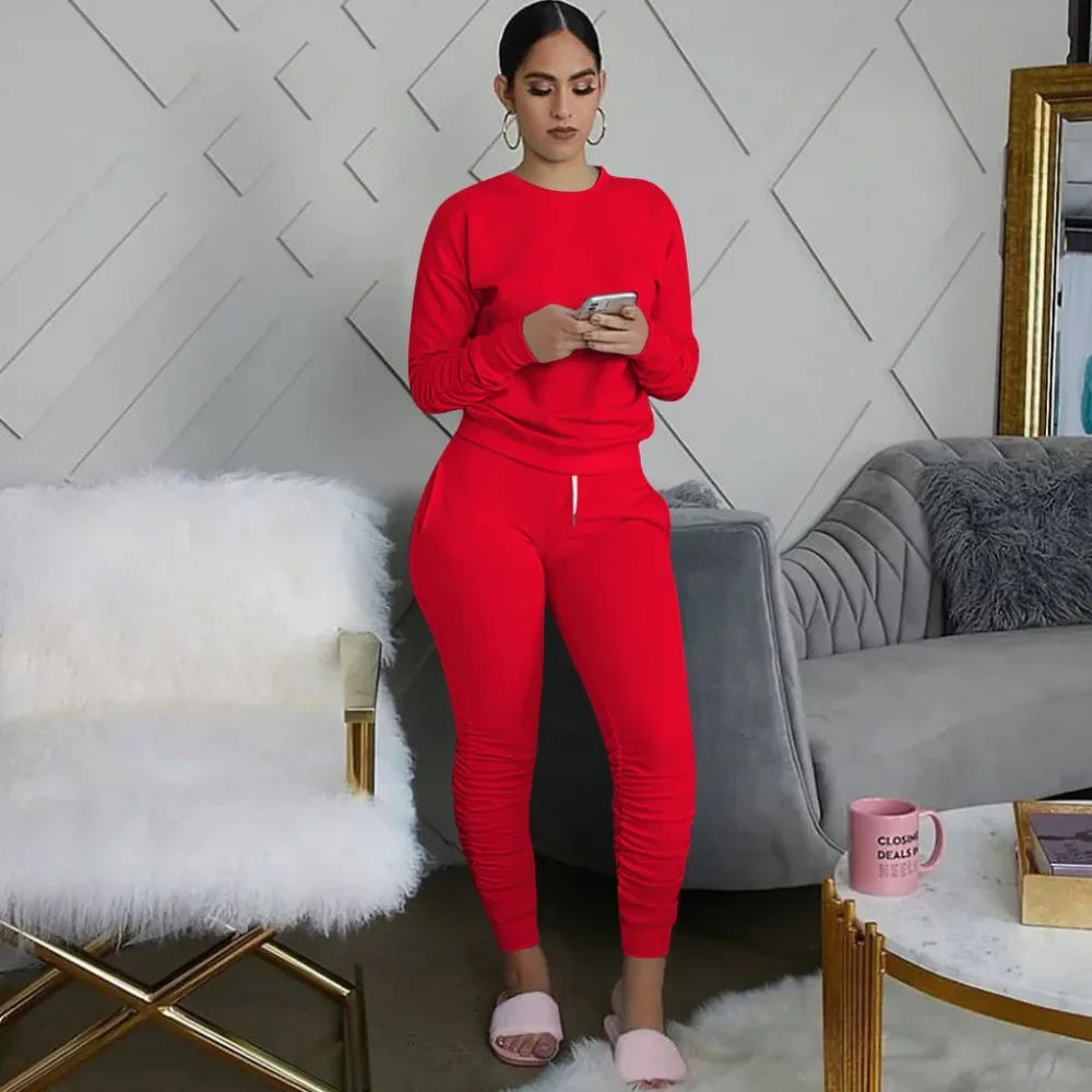 New round Neck Long Sleeve Slim Fit Warm Top Elastic Waistband Lace-up Trousers Simple Solid Color Sports Two-Piece Set