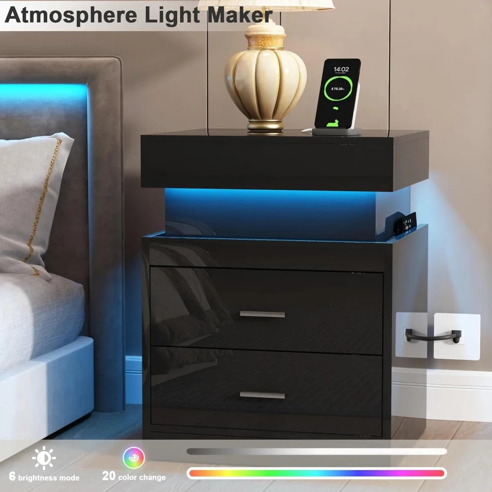 LED Nightstand with Charging Station,Smart Night Stand with Sliding Top Storage, 2-Drawers High Gloss Bedside Table, Modern End