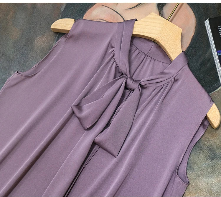 Fashion ice Silk Top Pink Acetate satin shirts blusas mujer de verano lace up bow tie Sexy elegant chiffon blouse рубашка винтаж