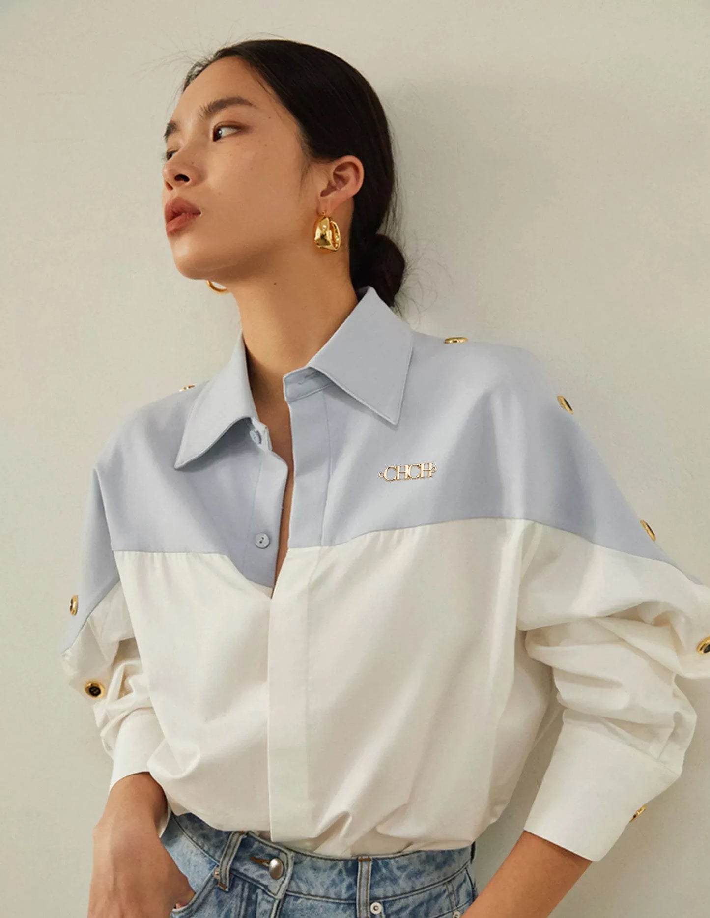 CHCH Women's Shirt 2025 New High Quality Splicing Color Contrasting Long Sleeve Business Shirt Commuter Women's Wear