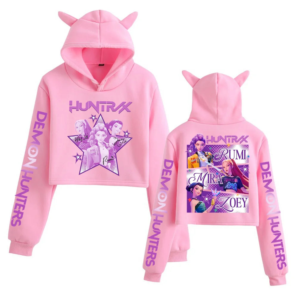 Kpop Demon Hunters Fanmerch Mira Rumi Zoey Huntrix Crop Tops Cat Ears Sweatshirt Long Sleeve Girls Fashion Hoodie