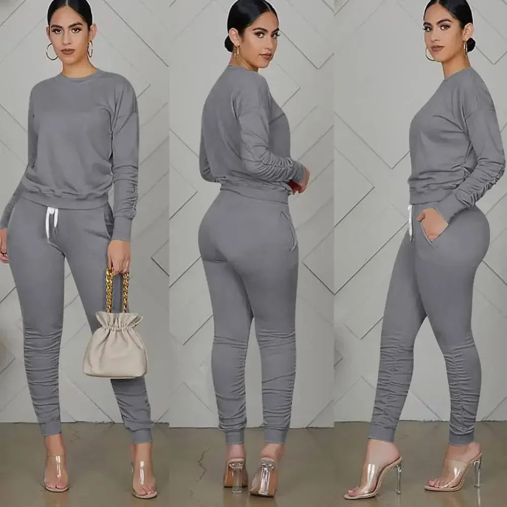 New round Neck Long Sleeve Slim Fit Warm Top Elastic Waistband Lace-up Trousers Simple Solid Color Sports Two-Piece Set