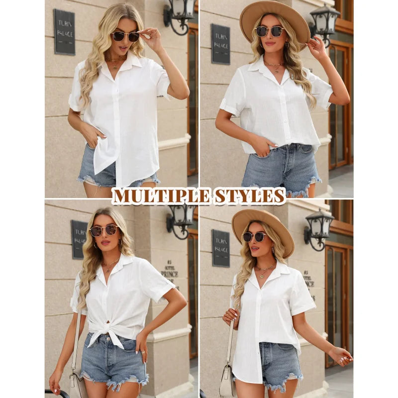Classic Solid Color Short-sleeved Shirt Women's Summer New Casual Wind Tie Buckle Slim Short-sleeved Shirt Flip Collar Blouse