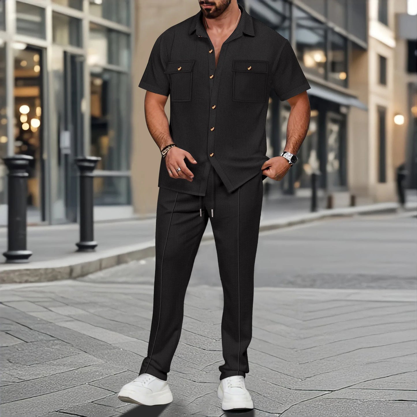 2025 New solid color button pocket shirt short sleeve trousers waffle check two-piece set, outdoor travel set spring and summer