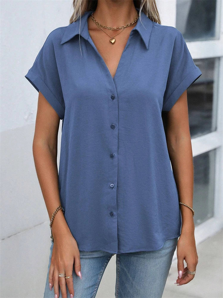 Classic Solid Color Short-sleeved Shirt Women's Summer New Casual Wind Tie Buckle Slim Short-sleeved Shirt Flip Collar Blouse