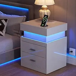 LED Nightstand with Charging Station,Smart Night Stand with Sliding Top Storage, 2-Drawers High Gloss Bedside Table, Modern End