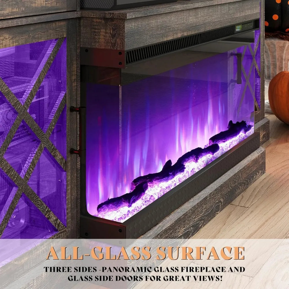 Farmhouse LED Fireplace TV Stand with 3-Sided Glass Fireplace, 70" Large Entertainment Center for TVs up to 80", Rustic TV Cons
