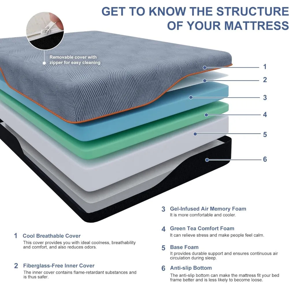 14 Inch King Gel Memory Foam Mattress - Back Pain Relief & Pressure Relief, Green Tea Infused, CertiPUR-US Certified, Bed in a