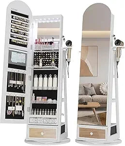 LED Mirror Jewelry Cabinet Standing, Lockable Jewelry Armoire with Arched Full-Length Mirror and Adjustable LED Lights, Space-S