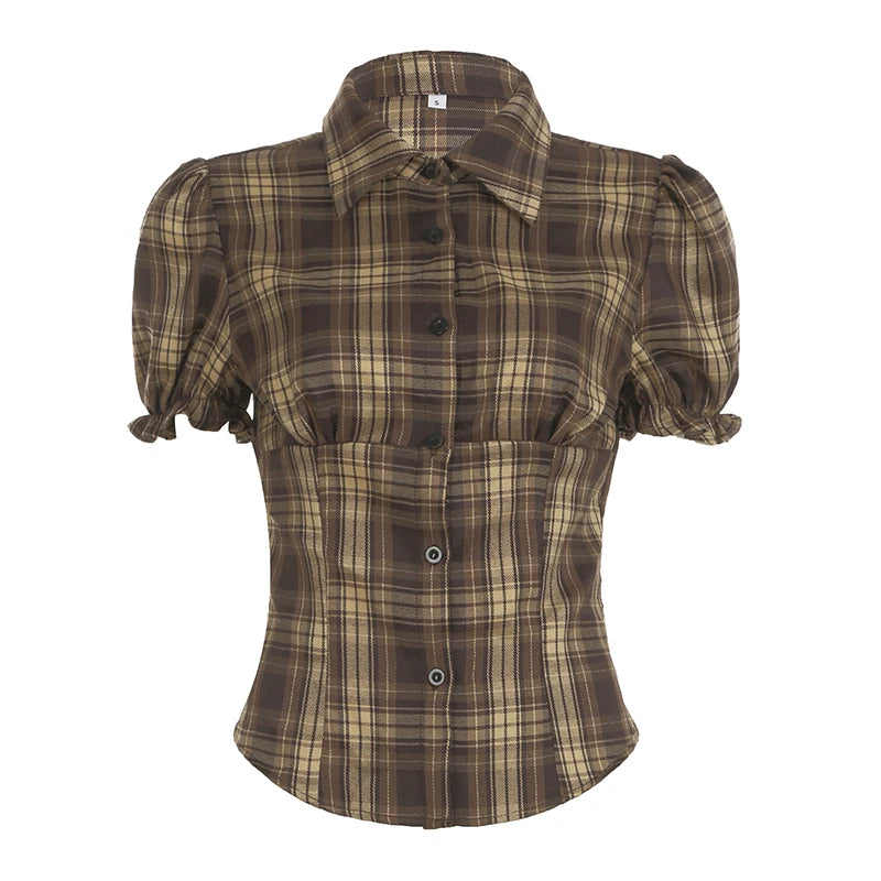 BIIKPIIK Vintage Plaid Short Sleeve Casual Shirts Gentle Sweet Turndown Collar Button Frill Puff Sleeve Shirt Spring Summer Tops