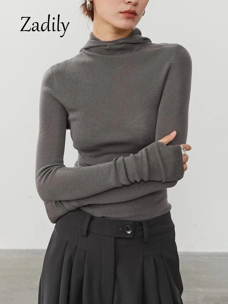 2025 Spring New Sport Style Long Sleeve Women Slim Knit Hoodies Minimalist High Strecth Ladies Pullovers Female Clothing Tops